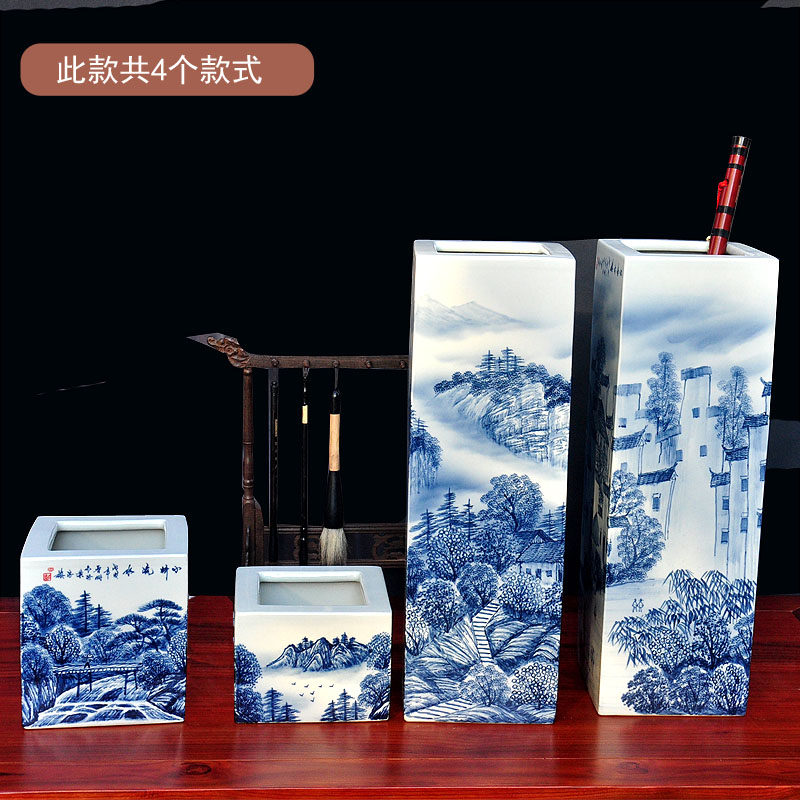 景德镇陶瓷青花瓷毛笔画笔四方行笔筒中式复古书房花瓶摆件花插i.