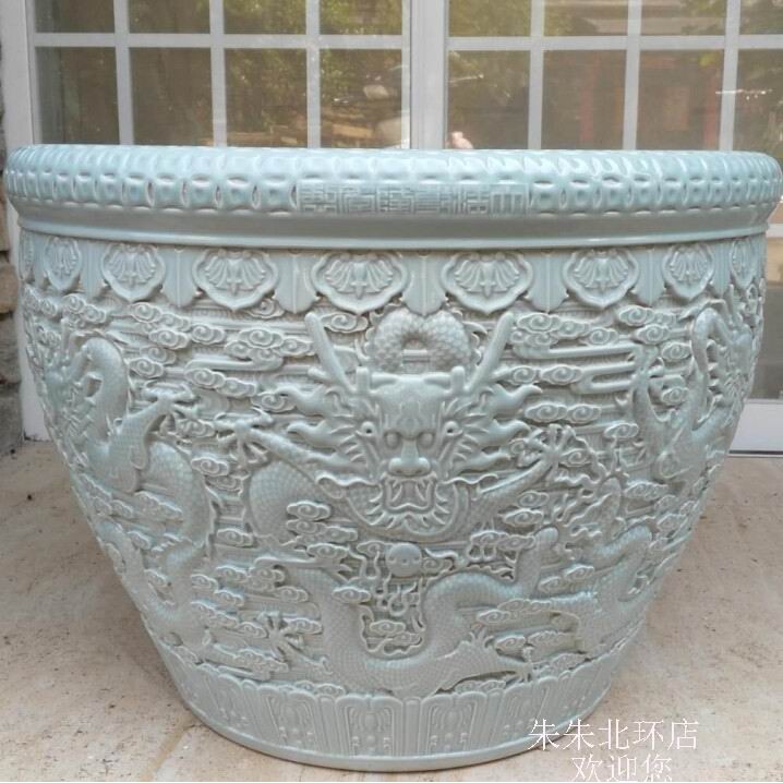 景德镇影青仿古陶瓷器金鱼缸荷花睡莲盆雕刻九龙风水缸镇宅装饰70