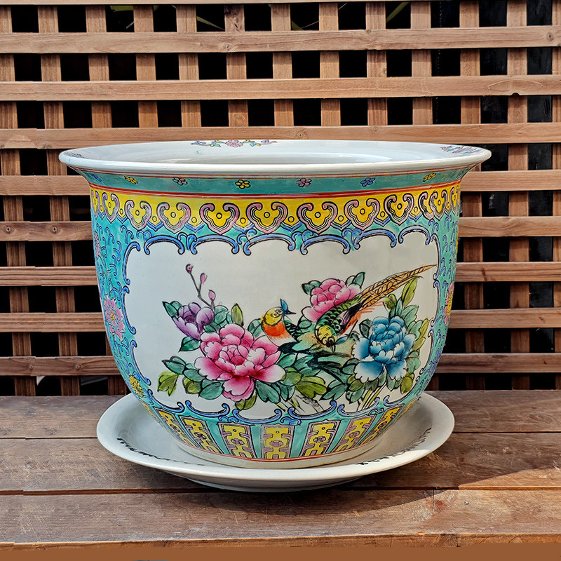 景德镇陶瓷手绘粉彩花鸟花盆
