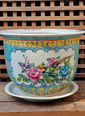 景德镇陶瓷手绘粉彩花鸟花盆