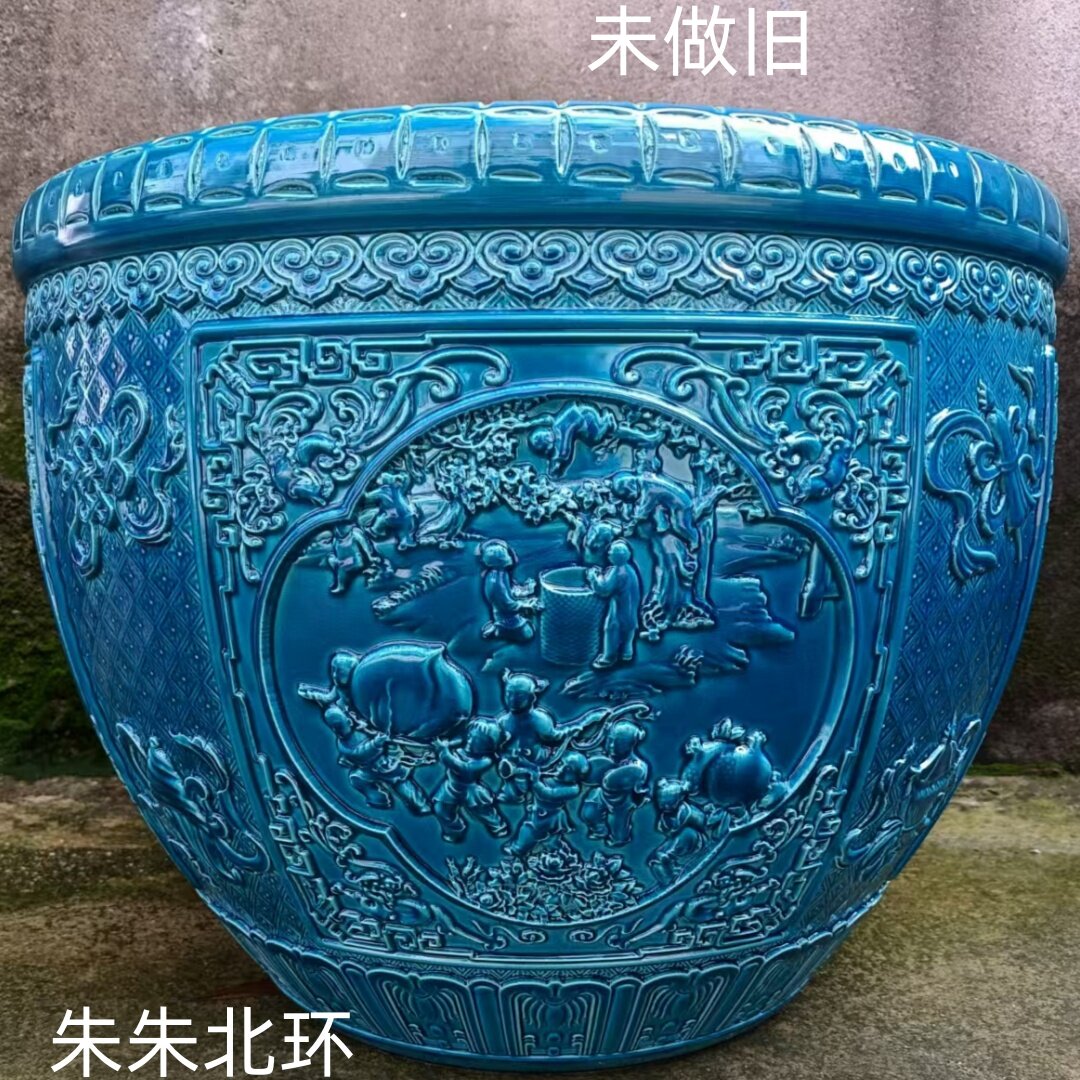 景德镇陶瓷鱼缸绿黄蓝雕刻瓷器大号仿古婴戏图书画卷轴收纳风水缸