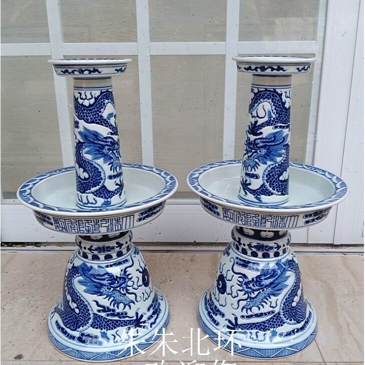景德镇仿古清乾隆款青花瓷龙纹高烛台陶瓷蜡烛台工艺品装饰摆件35