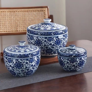 景德镇青花缠枝莲带盖醒茶罐陶瓷储物罐仿古中式陶瓷摆件茶叶罐