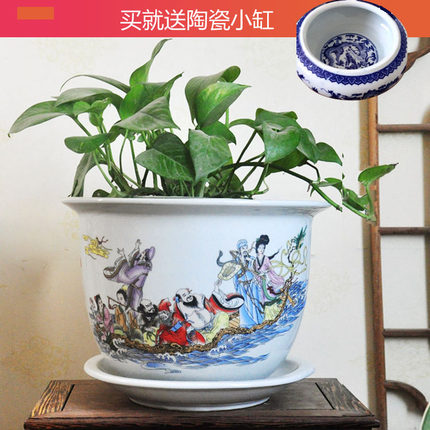 景德镇陶瓷器中式古典风格人物图案粉彩花盆种树大花盆八仙过海
