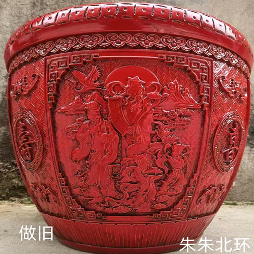 中式仿复古陶瓷金鱼缸浮雕装饰荷花睡莲缸大卷轴书画缸福禄寿喜缸