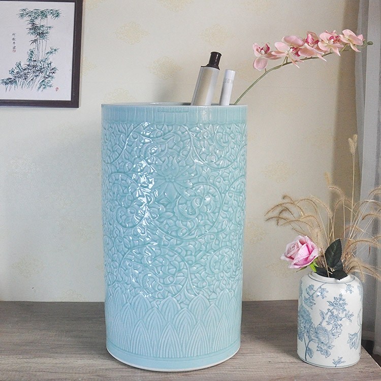 包邮景德镇陶瓷器鱼缸雕刻手绘影青釉卷轴缸箭筒书画缸花插伞缸