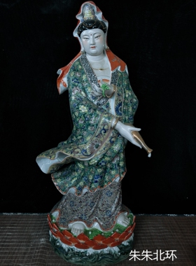 手绘古彩观音菩萨供奉佛像陶瓷摆件站莲净瓶柳枝观世音保平安63CM