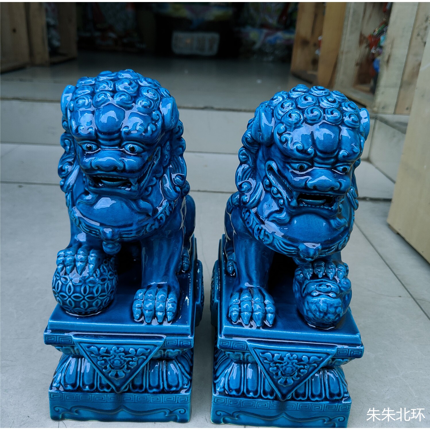 景德镇陶瓷蓝公母一对狮子中式家居工艺品装饰客厅对狮镇宅摆件30