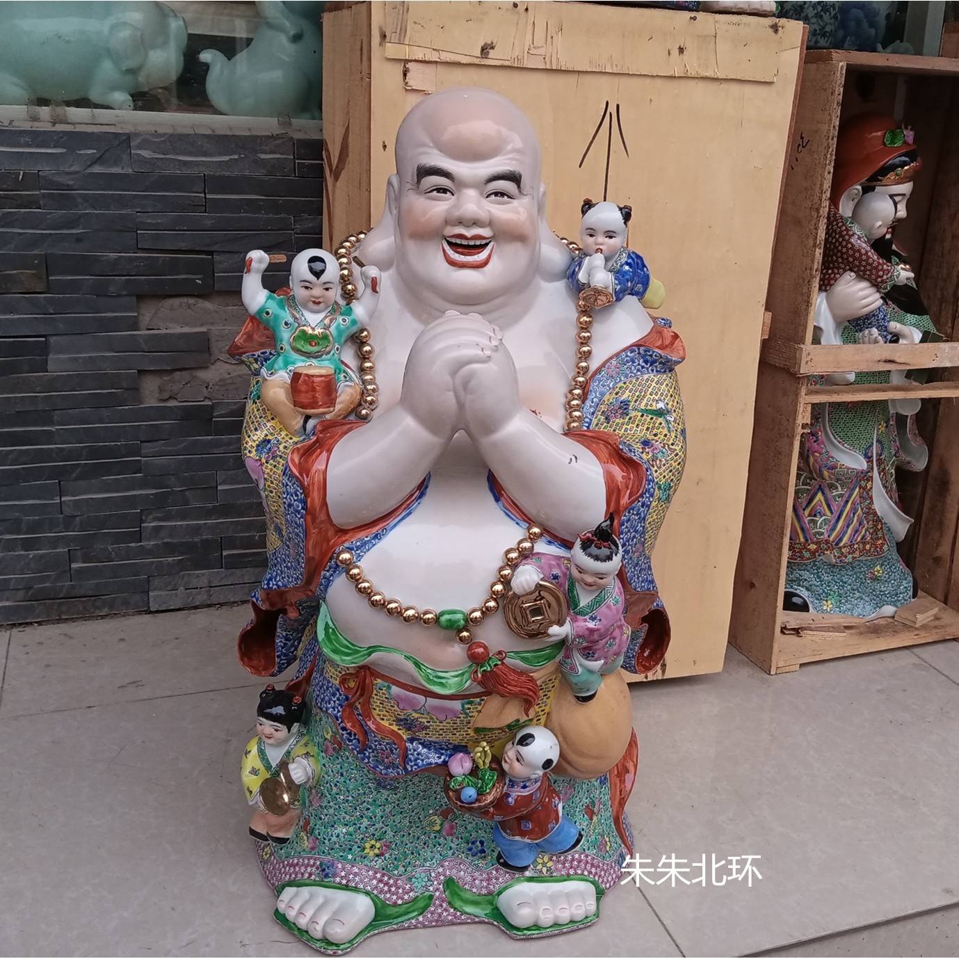 站恭喜五子弥勒佛像景德镇彩绘雕塑陶瓷多仔大肚笑佛家居店铺摆件