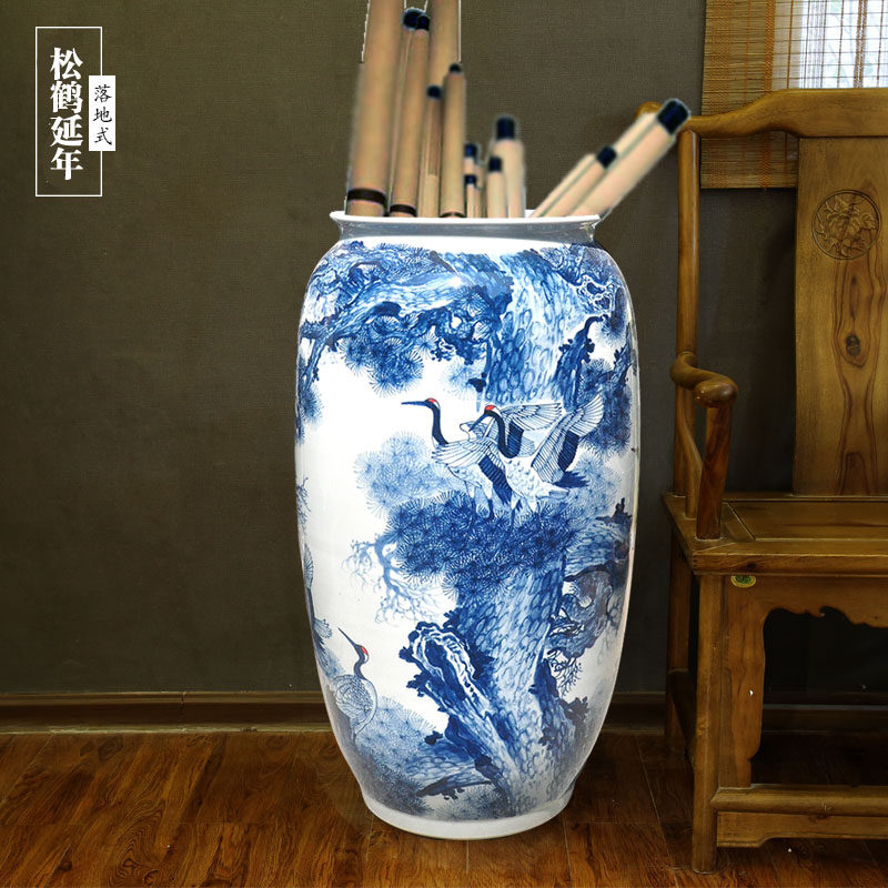 包邮景德镇瓷器书画缸卷轴缸字画收纳筒书房摆件伞缸祝寿松鹤延年