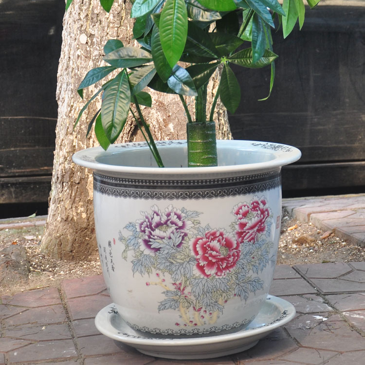 景德镇陶瓷器发财树盆牡丹特大号室内新中式花盆兰带托盘花开富贵