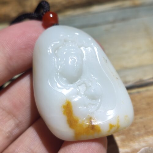 手艺人新疆和田玉籽料观音吊坠挂件原石独籽红皮白肉苏工男女