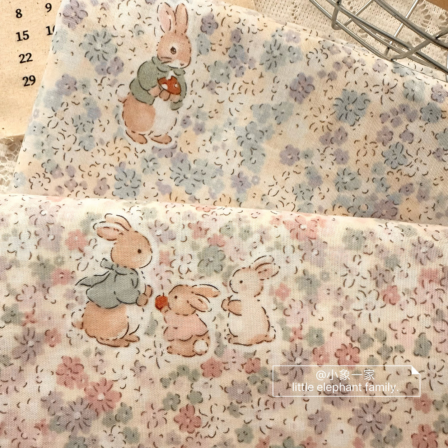 花影兔A类纯棉双层纱布料全棉田园碎花兔子面料床品睡衣婴儿棉布