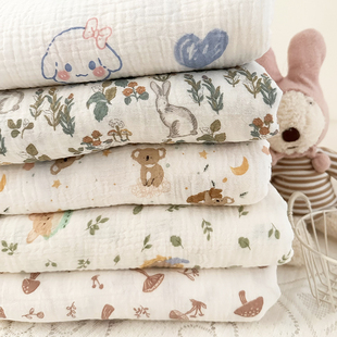 纯棉双层纱水洗褶皱全棉布料婴儿卡通面料睡衣口水巾浴巾被套布料