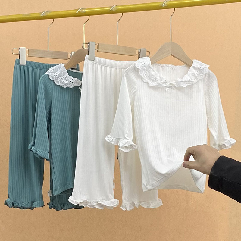 女童春夏装薄空调服套装蕾丝领睡衣套装莫代尔七分袖七分裤家居服