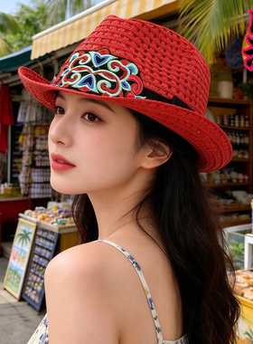 民族风刺绣花女编织网眼镂空帽