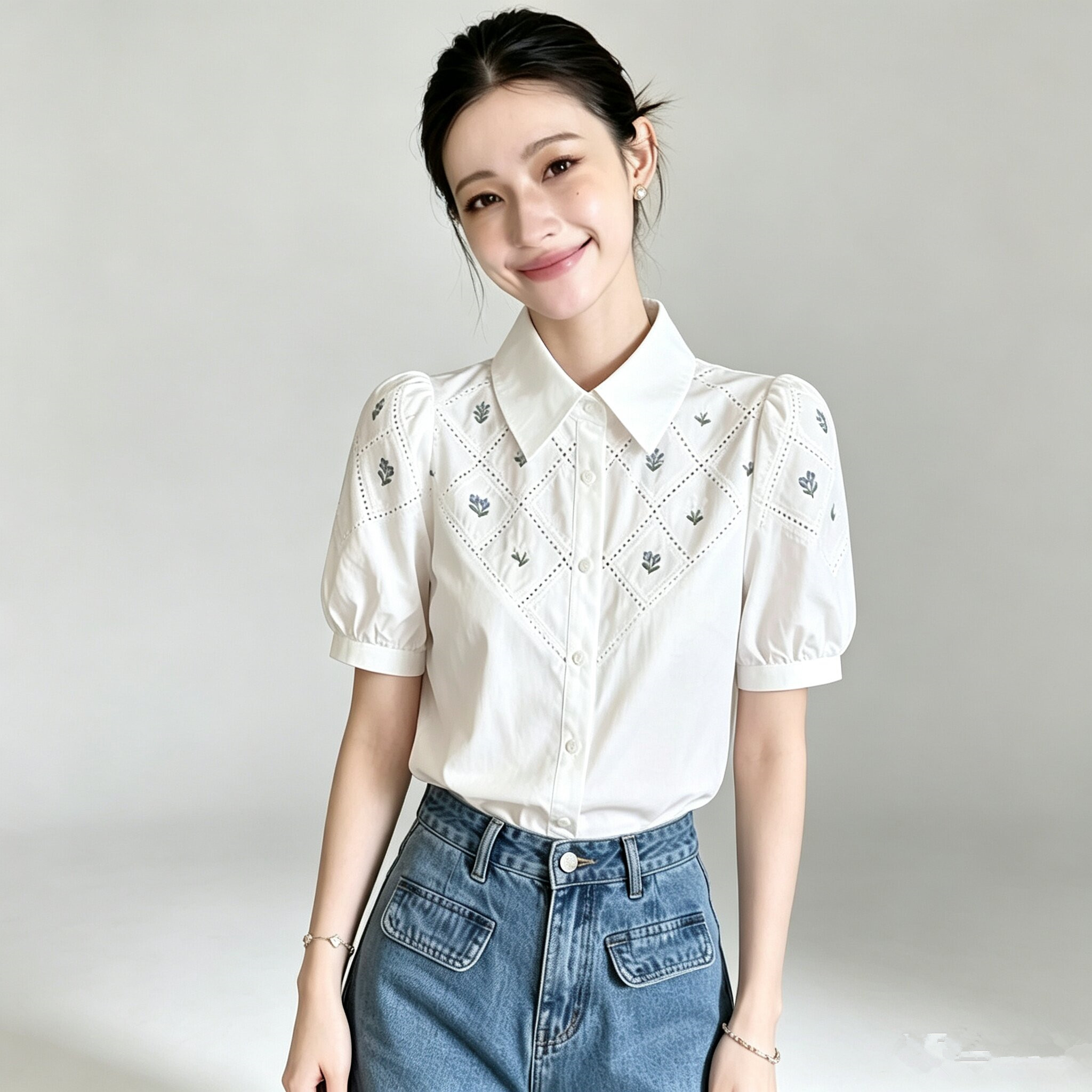 2026夏季法式刺绣白色短袖衬衫女翻领泡泡袖纯棉衬衣温柔通勤上衣