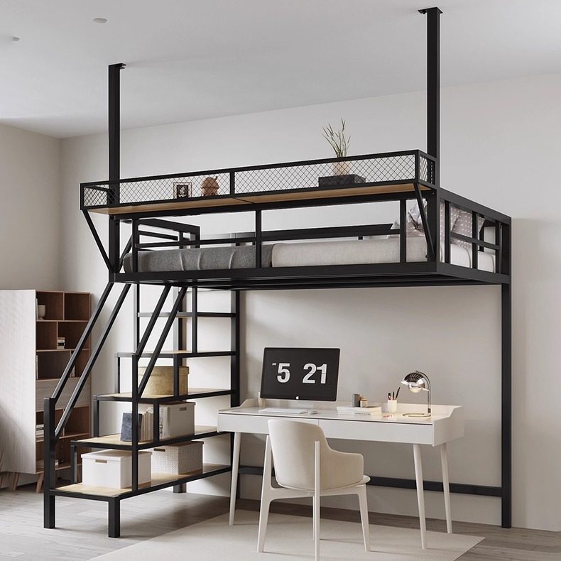 北欧loft小户型公寓铁艺高架床空中吊顶阁楼床复式上床下空梯柜床,住宅家具,铁艺/钢木床,淘宝优惠券,粉丝福利购,淘宝优惠卷