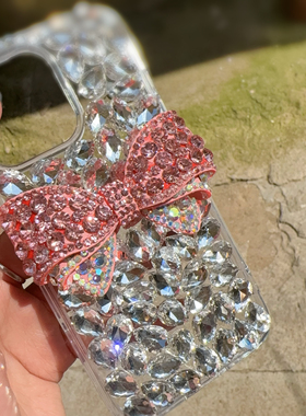 玻璃水钻16大号粉色蝴蝶结满钻立体16promax镶钻15pro保护套14/13