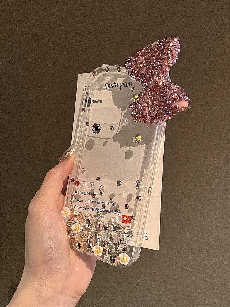 16ProMax水钻手机壳高级iPhone15plus带钻石适用14蝴蝶结13111214