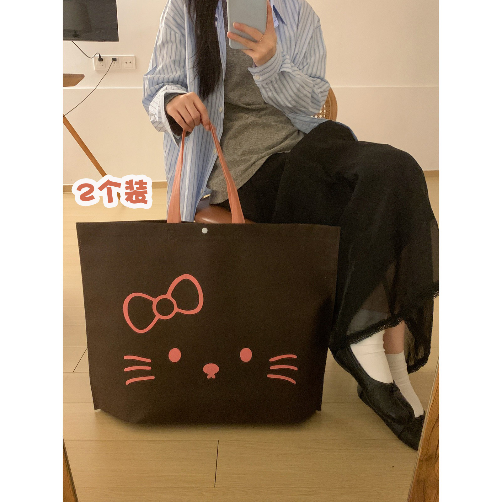 馨帮帮杂货铺 服装店手提袋大容量礼品袋卡通猫咪环保超市购物袋