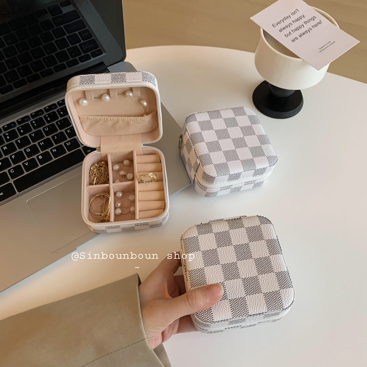 防尘翻盖饰品盒撞色格纹首饰盒