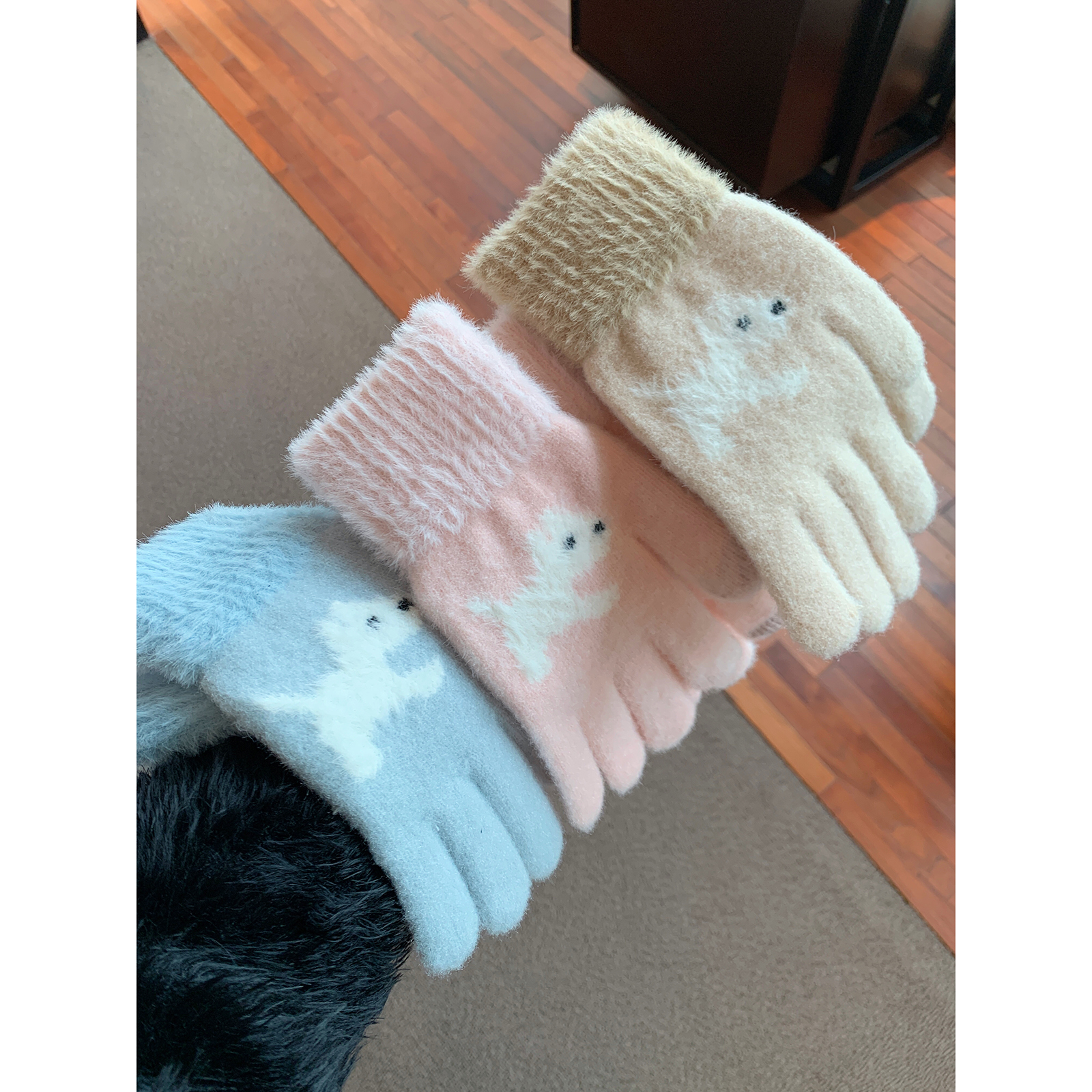 漏两指可触屏卡通针织毛绒手套