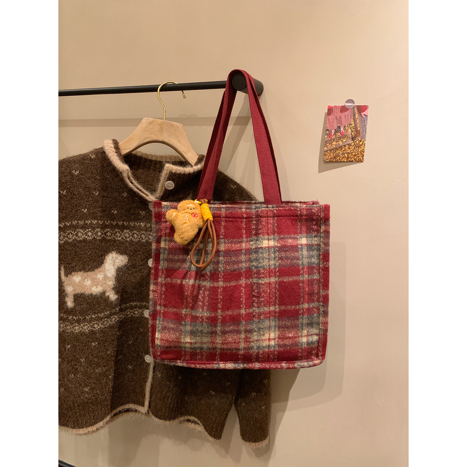 大容量手拎包格纹毛呢手提单肩包