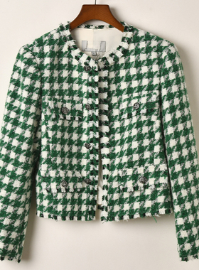 艾诺丝系列小香风千鸟格粗花呢短外套女时尚百搭绿色格纹外套