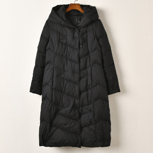 艾诺丝系列黑色连帽长款羽绒服女90%白鸭绒保暖显瘦外套