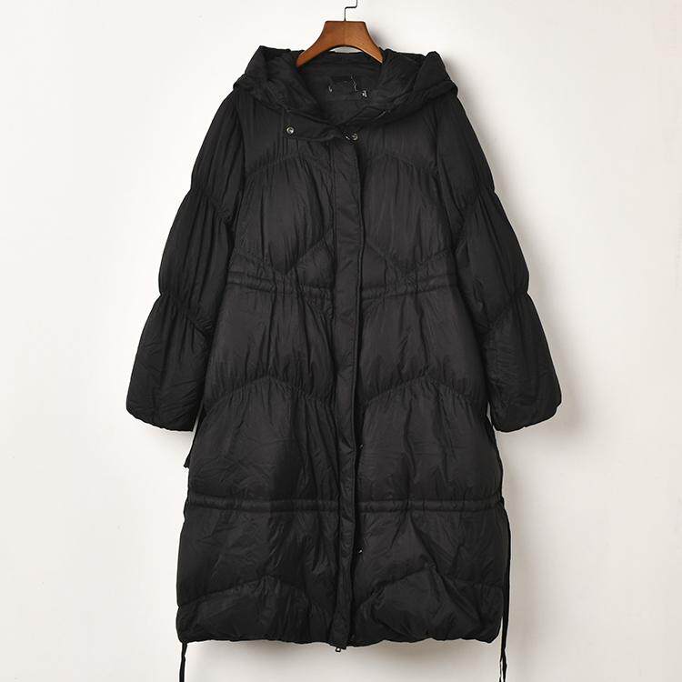 艾诺丝系列韩版时尚通勤设计感羽绒服宽松连帽黑色下摆抽绳上衣