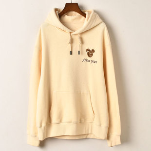 艾诺丝系列卡通图案连帽卫衣女加绒加厚宽松百搭米色上衣外套
