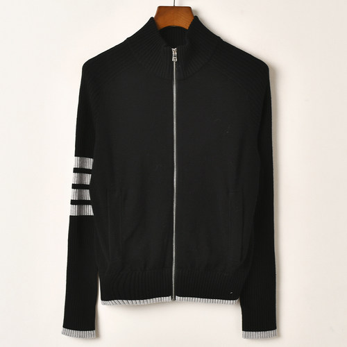 艾诺丝系列黑色拉链针织开衫女立领长袖毛衣外套通勤撞色边开衫