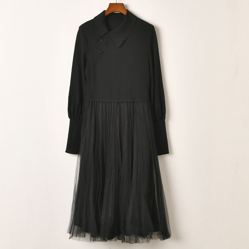 艾诺丝系列盘扣网纱拼接连衣裙女黑色气质修身中长款千金风