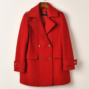 艾诺丝系列红色双排扣中长款风衣女翻领老钱风通勤外套赫本风