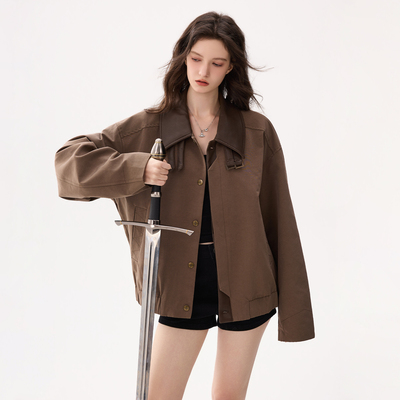 美式复古拼色皮领夹克外套女休闲