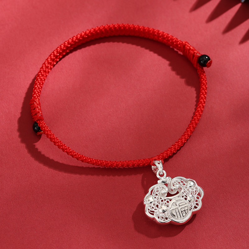 猫咪长命锁999纯银宠物平安锁棉花娃娃银锁铃铛项圈狗狗红绳项链