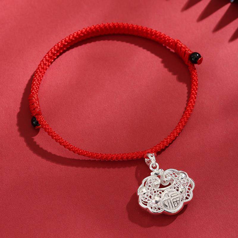 猫咪长命锁999纯银宠物平安锁棉花娃娃银锁铃铛项圈狗狗红绳项链