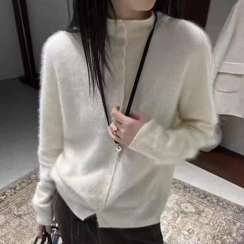 拉绒山羊绒衫温柔风羊毛开衫韩系毛衣粉色立领针织女宽松外套内搭
