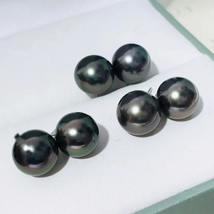 18K金大溪地黑珍珠海水珍珠正圆强光耳坠耳环耳饰
