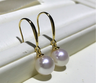 进口18k黄金天然海水珍珠耳钩 Akoya珍珠耳环极强光简洁气质耳钉