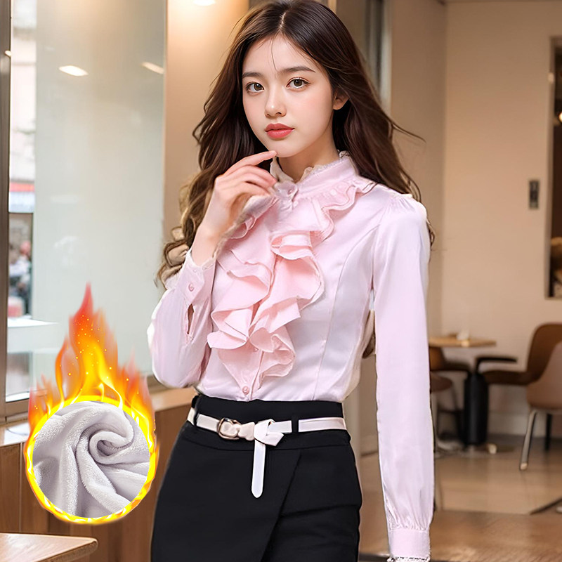 春装新款立领加绒衬衫长袖 修身衬衣韩版显瘦百搭加绒打底衫上衣