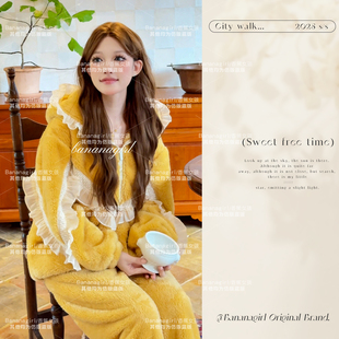 Bananagirl珊瑚绒睡衣女冬季厚款连帽长袖家居服可爱两件套可外穿