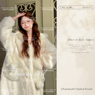 Bananagirl睡衣女套冬季加厚连帽开衫长款加绒睡袍套装家居服保暖