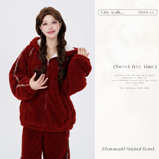 Bananagirl睡衣女款冬季珊瑚绒加绒加厚红色本命年家居服可外穿冬
