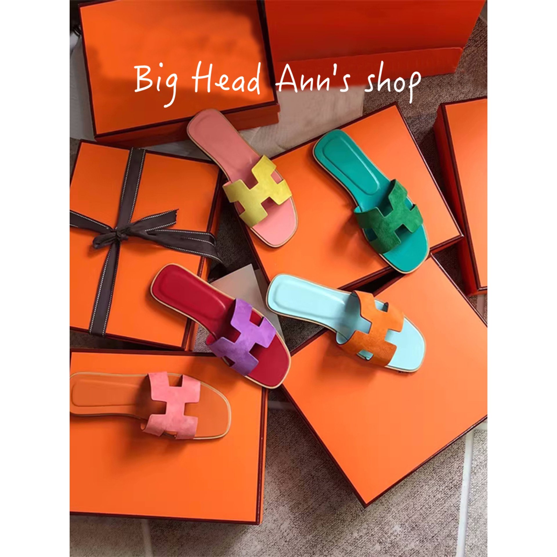 Big Head Ann's shop/平底女外穿羊皮拼色拖鞋网红同款少女风凉拖,女鞋,一字拖,淘宝优惠券,粉丝福利购,淘宝优惠卷