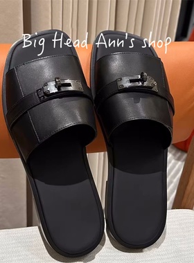 Big Head Ann's shop/真皮Kelly扣外穿平底凉拖鞋百搭黑色拖鞋