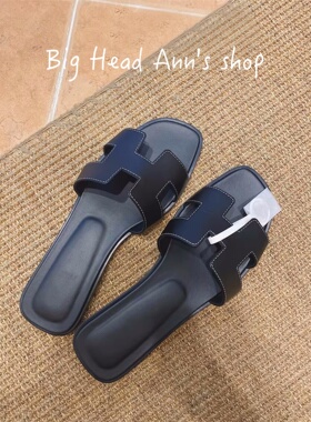 Big Head Ann's shop/欧美风一字拖女外穿平跟全包沙滩凉拖鞋黑色