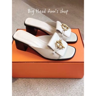 时尚 精致款 潮流 名媛风真皮金属搭扣一字拖女外穿百搭凉拖鞋 BHA