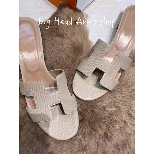 真皮女夏粗跟增高H型镂空一字拖